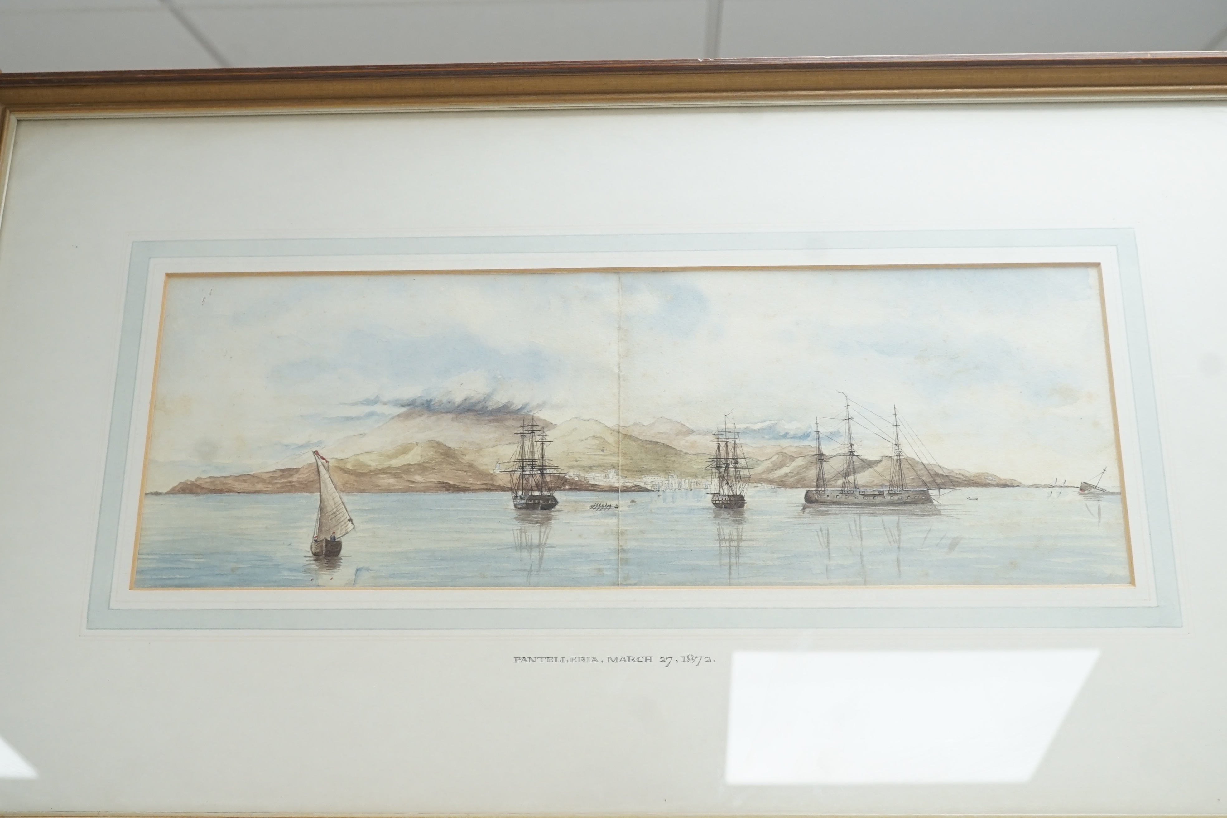 19th century English School, two watercolours, 'View of shipping moored at Pantelleria, March 27 1872' and 'St Jago', probably the work of a Naval officer, 15 x 43cm and 9 x 26cm